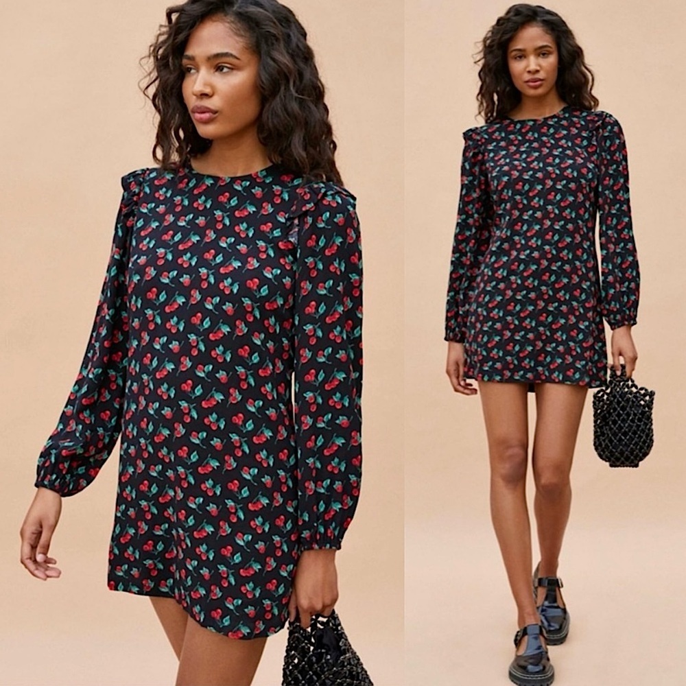 REFORMATION 90s Cherry Print Puff Long Sleeve Ruffle Shoulder Tie Waist Dress S‎